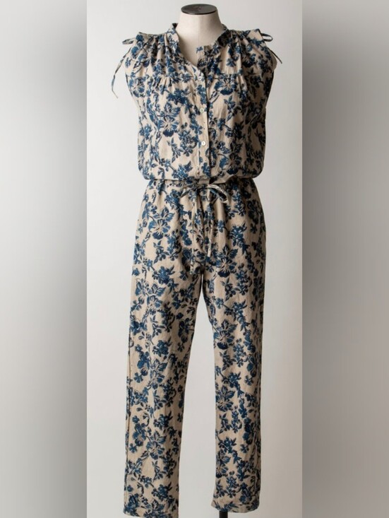 Matta Pants - Matta NY Suma Bloom Jumpsuit with Tan and Blue Floral Print - XSmall
